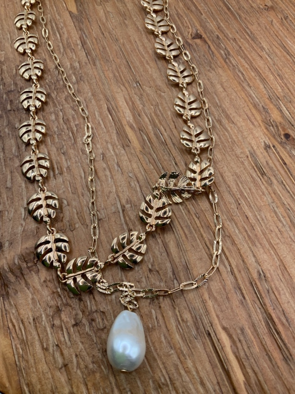 A.New Day Multi Layered Gold Tone Leaf Link with Pearl Drop Necklace